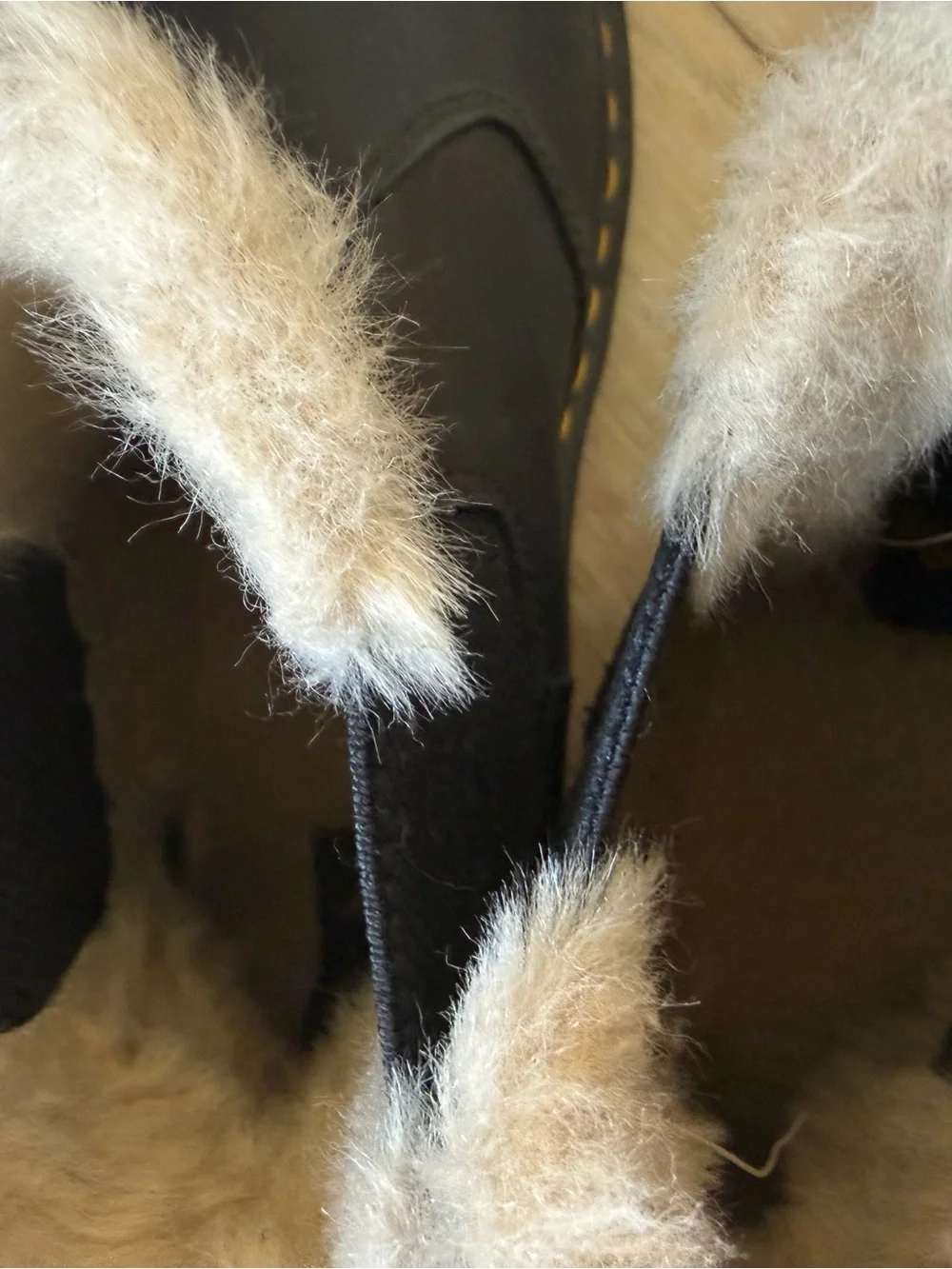 Dr. Martens Black Chelsea Winter Boots with Yellow Stitching and Cream Fur Trim